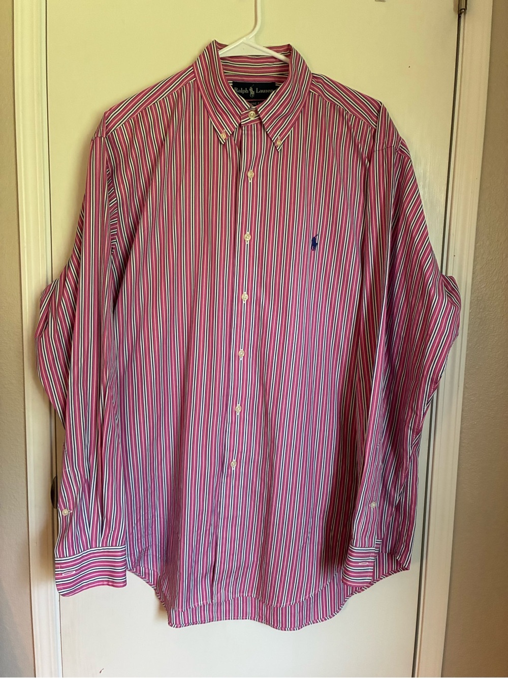 Ralph Lauren Pink, White & Navy Stripe Long Sleeve Button-Down Shirt Large